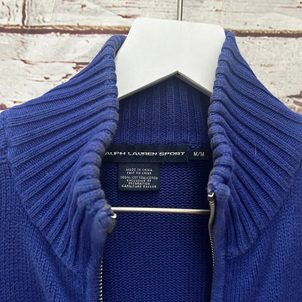 RALPH LAUREN SPORT VINTAGE 90s Blue Full Zip Knit Sweater Red Pony Size Medium - Picture 2 of 6